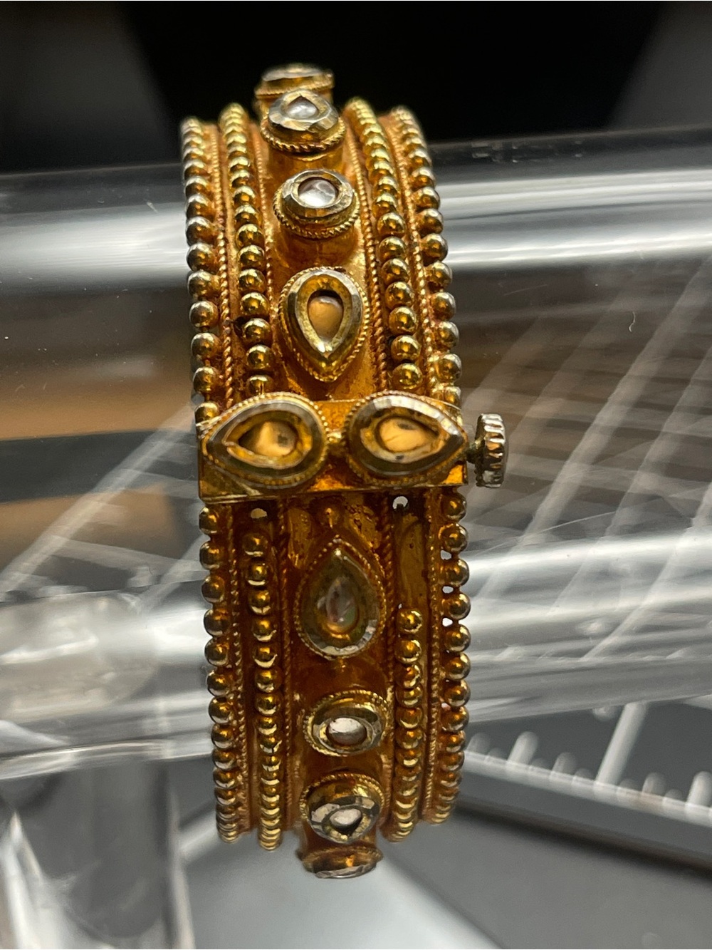 Vintage Estate Gold Tone Rhinestone Hinged Bangle Bracelet Ornate